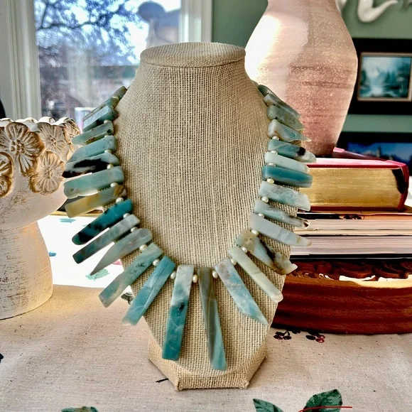 Handmade Amazonite & freshwater pearl bohemian tribal statement necklace - Picture 1 of 7